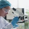 Asian female agronomist scientists worker using microscope in the laboratory